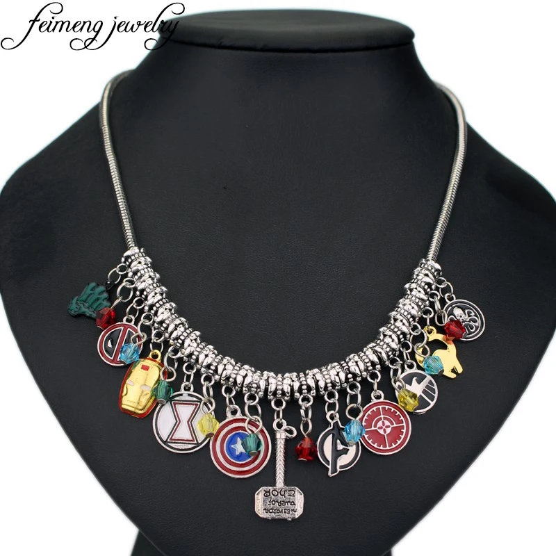 

The Avengers Choker Necklace Captain America Shield Iron Man Mask Thor's Hammer Eagle Deadpool Hulk Crystal Beads Charm Necklace