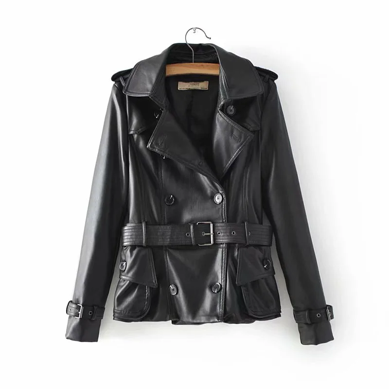 

2019 Spring-Autumn 3 Colors Women Chic Double Breasted Motorcycle Leather Jacket With Adjustable Belt Female Pockets PU Jackets