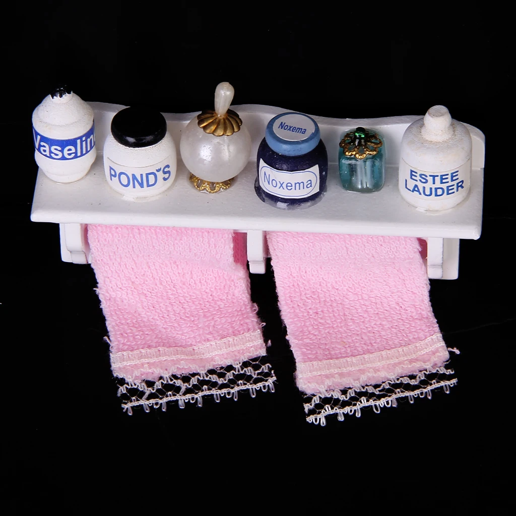 

1/12 Dollhouse Miniature Bathroom Set Towel Rack Makeup Cosmetic Set