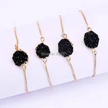 10 шт. черный цвет из натурального Друзового камня кварцевое звено Регулируемый золотой браслет-цепочка для женщин и мужчин