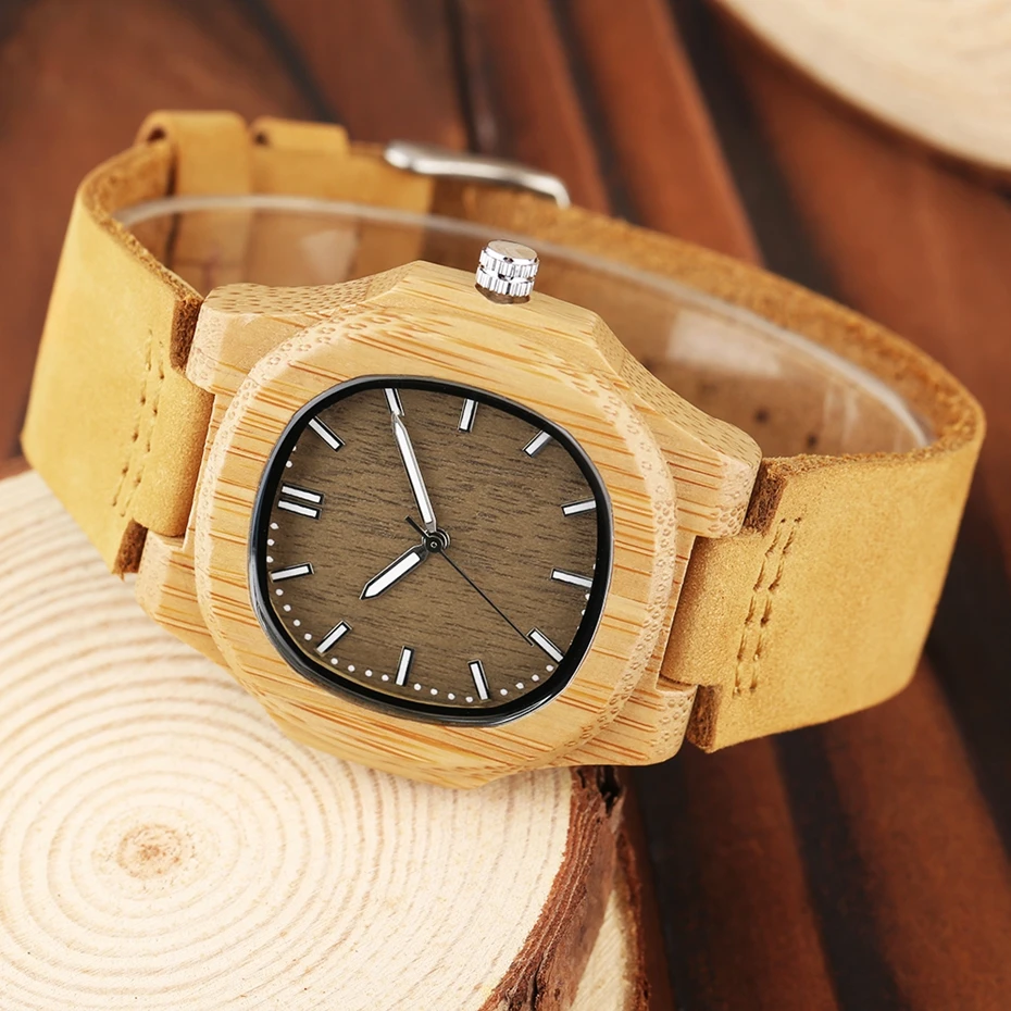Men Women Wooden Watch Creative Round Shape Dial Light Wood Case Genuine Leather Band Bamboo Wood Clock Male Reloj de madera TOP 2017 (9)