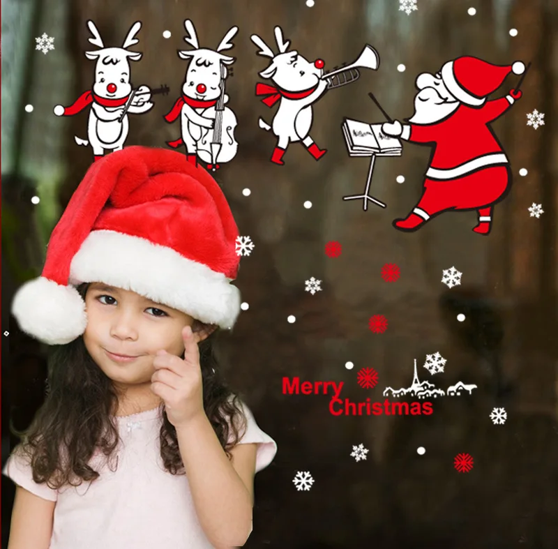 Олень, Санта, музыка, Рождество, снежинка, наклейка на окна, зимняя Наклейка на стену, детская комната, рождественские украшения для дома, год