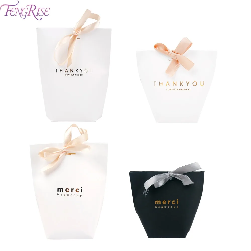 

FENGRISE 5pcs Black/White/Kraft Merci Thank You Wedding BOX Birthday Party Decor Favor Gift Box Paper Gift Bag Wrapping Supplies