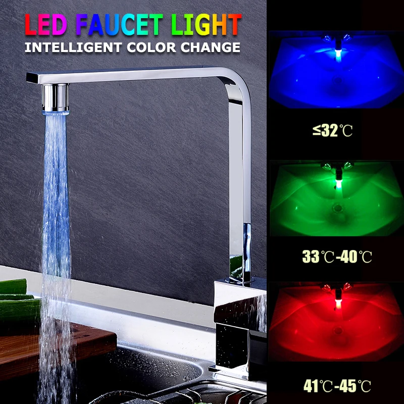 Модный светодиодный светильник для водопроводного крана с интеллектуальным контролем температуры воды, Светодиодный водопроводный кран для кухонных смесителей, насадка, без батареи - Цвет: 3 Colors withAdapter