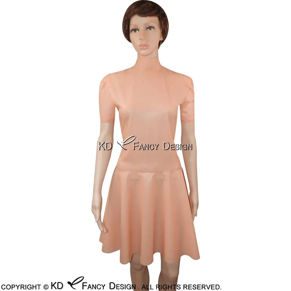 

Baby Pink Sexy Latex Dress With Half Sleeves High Collar Zipper Back Rubber Dress Bodycon Playsuit LYQ-0067
