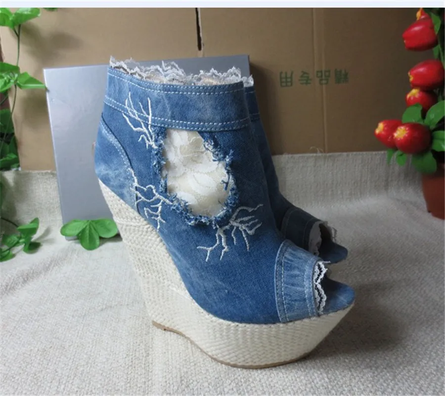 

15CMJeans Dennim Shoes High Heels Women Sandals Summer Shoes Pumps Open Toe Lace Side Zip Open Platform Zapatos Mujer Wedges