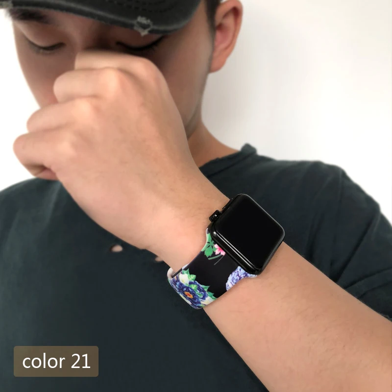 Цветочные женские ремешки для Apple watch Series 5 4 3 2 1 40 мм 44 мм силиконовый Печатный ремешок для iWatch Series 4 3 2 1 38 мм 42 мм - Цвет ремешка: Color 21