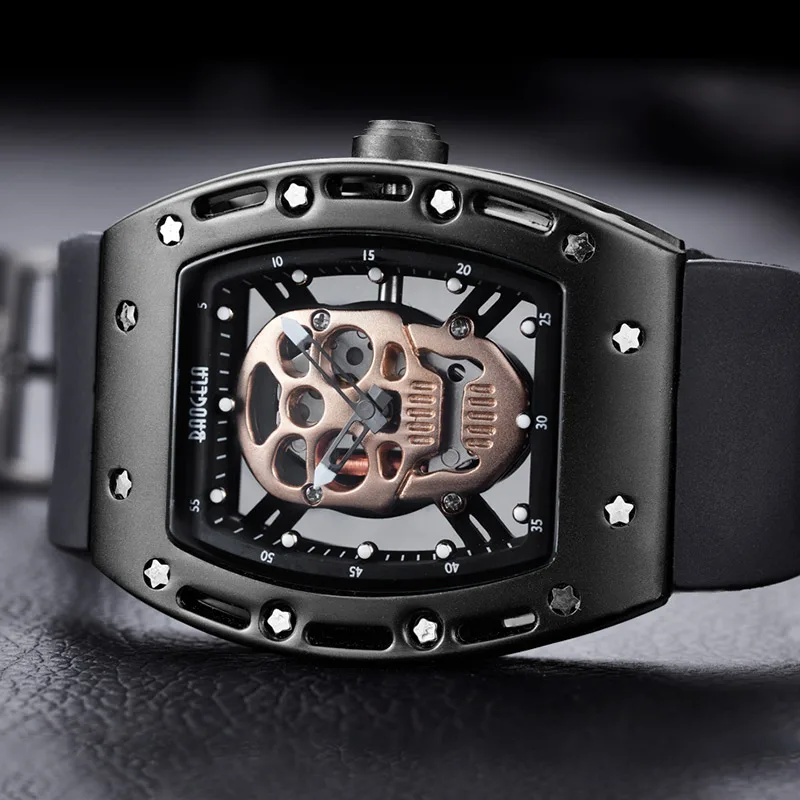  Baogela Fashion Mens Skeleton Skull Luminous Quartz Watches Military Style Black Silicone Rectangle