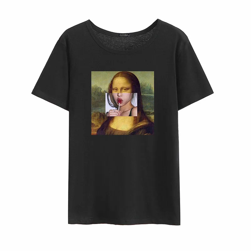 Mona Lisa повседневные модные летние женские Топы Ulzzang с коротким рукавом, свободные, Харадзюку, рисунок с героями мультфильмов, большой размер, хип-хоп рубашка