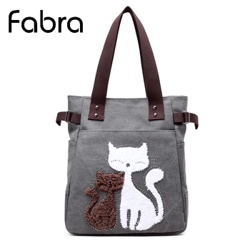 

Fabra New Cute Cat Women Canvas Handbag Rivet Casual Tote Bag Large Capacity Women Embroidery Solid Shoulder Travel Beach Bags