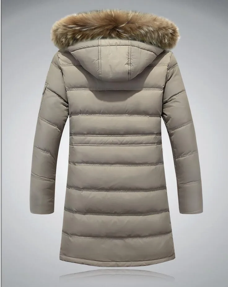 Мужская зимняя куртка 80% белая утка вниз меховой воротник пальто держать теплый раздел куртка сплошной цвет пуховик