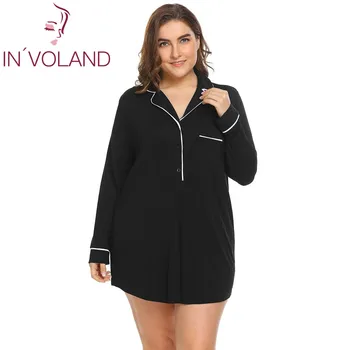 

IN'VOLAND Large Size Women Sleepwear Dress XL-4XL Spring Autumn Soft Lapel Lingerie Button Big Nightgown Sleepshirt Plus Size