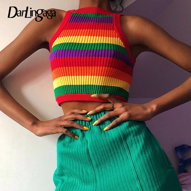 

Darlingaga Fashion Chic Knitted Tank Top Colorful Stripe Rainbow Crop Top Women Festival Cropped Vest Elastic Summer Tops Casual
