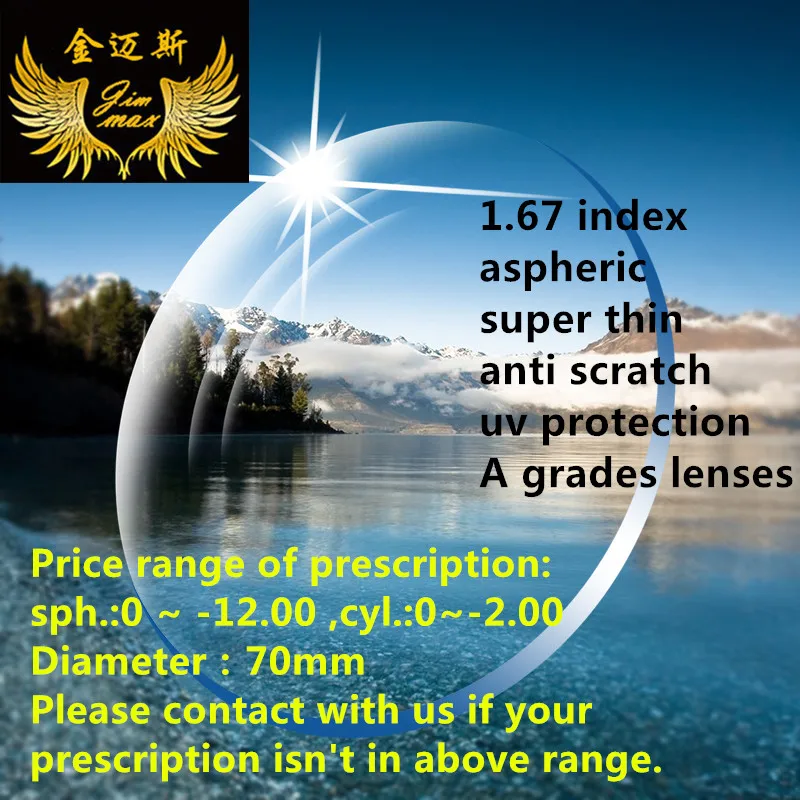 

1.67 index Super Thin Aspheric Myopia Prescription Lenses Quality Anti Scratch UV400 CR39 Resin Lens Near Sight Glasses Lens