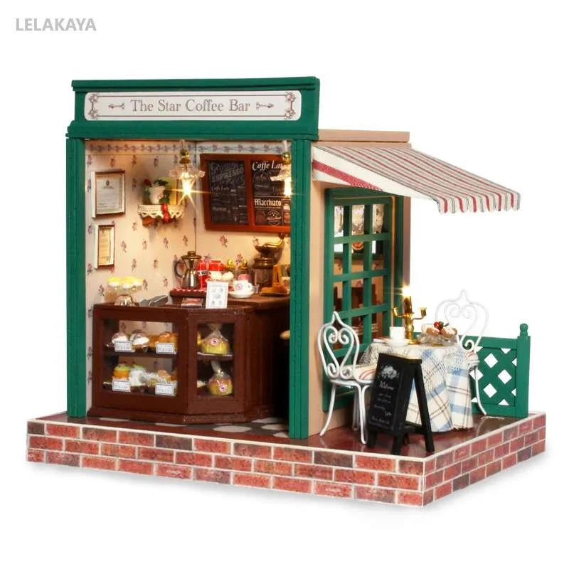 

DIY Star Coffee Bear Wooden Relax Shop Handcraft Mini Dollhouse Assembling Miniature House Furnitures Kids Puzzle LED Light Toy