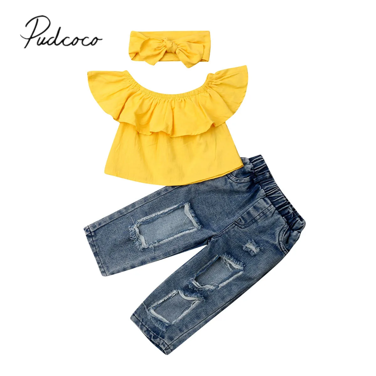 

2019 Baby Summer Clothing 1-6Y Infant Kids Baby Girl Yellow Off Shoulder Tops+Ripped Jeans Denim Pant+Headband 3Pcs Clothes Sets