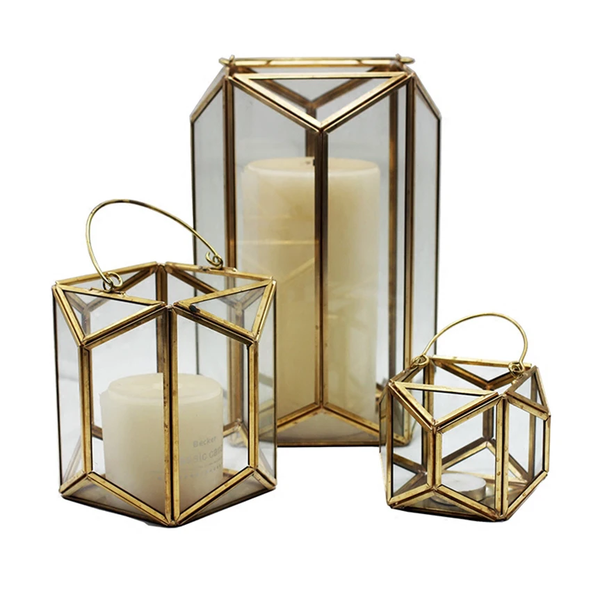 S//M//L 3 Sizes Geometric Glass Metal Candlestick Candles Wind Lantern Light Decor