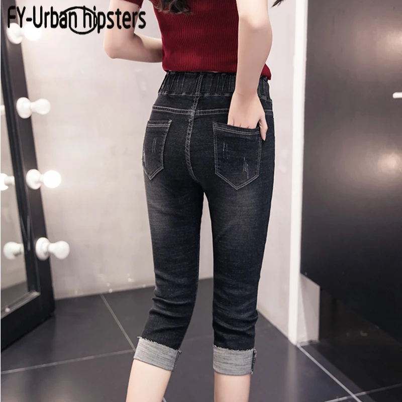 Плюс размер эластичная талия женские джинсы длиной до икры на шнуровке летние джинсы с высокой талией узкие брюки черные ретро джинсовые рваные