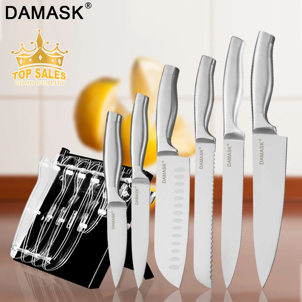 

Damask Stainless Steel Knife & Knife Stand Holder Block Kitchen Set Paring Utility Santoku Chef Knives Set Cooking Accessories