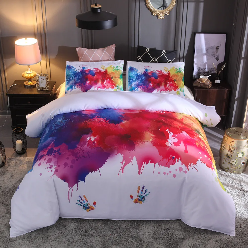 Free Shipping Multicolored Watercolor Handprint Pattern Bedding