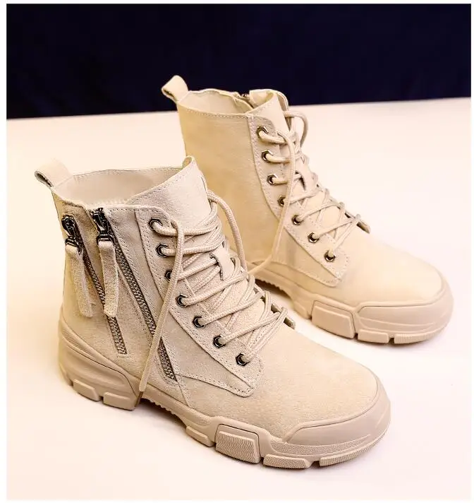 Women Thick Bottom Snow Boots Lace Up Boots Female Ankle Military Double Zipper Brand Winter Warm Platform Heel Shoes g510 - Цвет: Бежевый