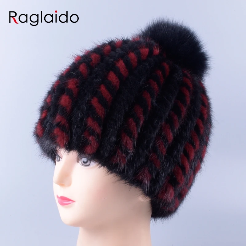 Raglaido, вязаные шапки из меха норки для женщин, шапки с помпоном для девочек, высококачественные элегантные женские лыжные шапочки, шапки для женщин, Балаклава LQ11274