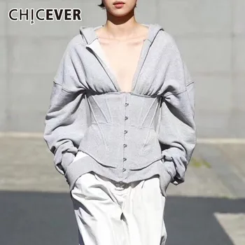 

CHICEVER Summer Casual Gray Women's Pullover V Neck Hooded Long Sleeve Button Open Stitch Loose Female Hoodies 2020 Korean New