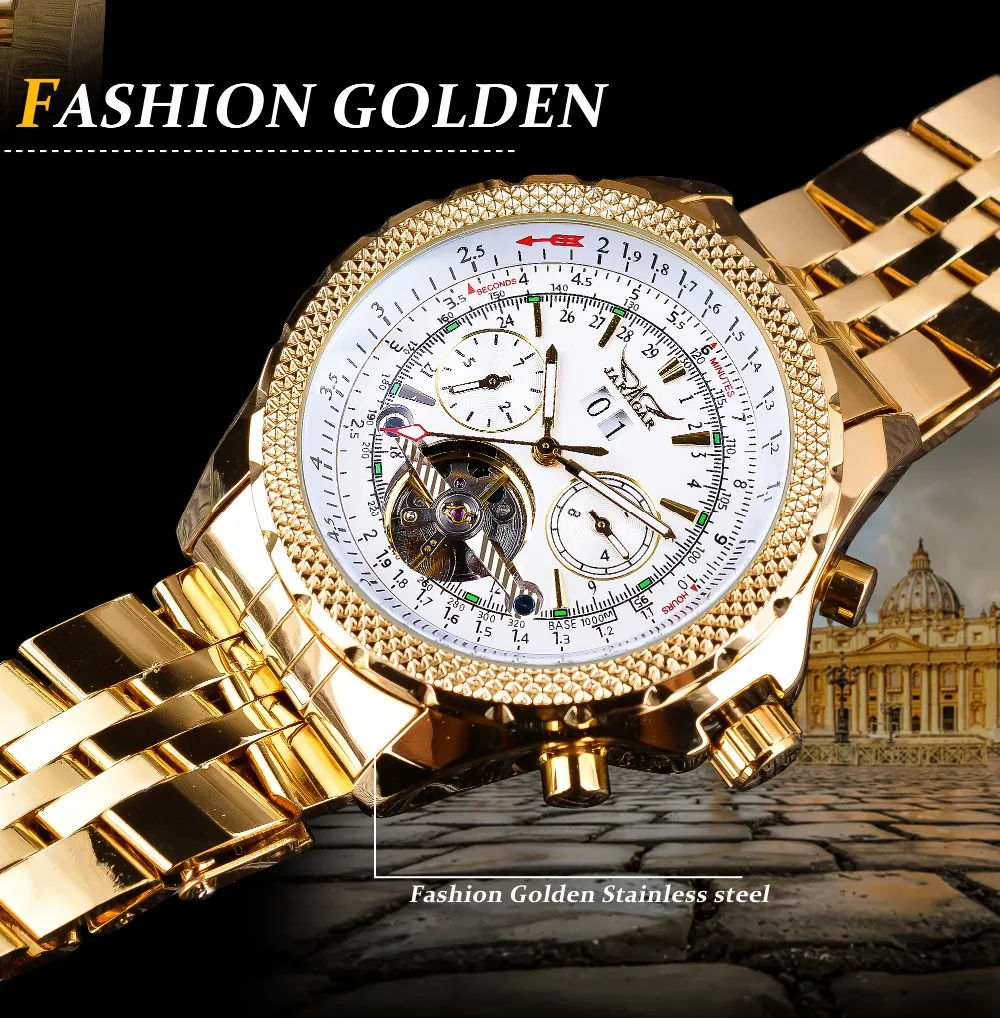 Jaragar золотые из нержавеющей стали турбийон дизайн календарь дисплей мужские часы лучший бренд класса люкс автоматические механические наручные часы