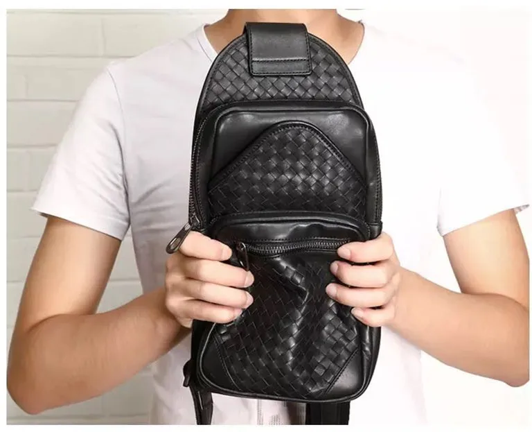 Мужская нагрудная сумка из натуральной кожи ручной вязки из высококачественной воловьей кожи, сумка на молнии для отдыха - Цвет: Черный