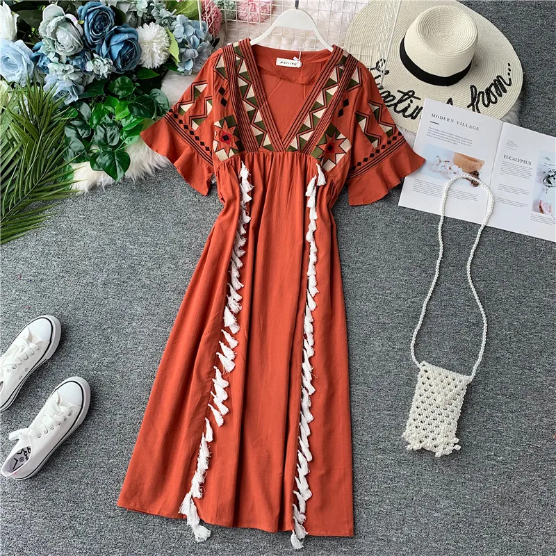 

2019 new fashion women's Dress female embroidery V-neck tassel National holiday style seaside beach Bohemia dresses