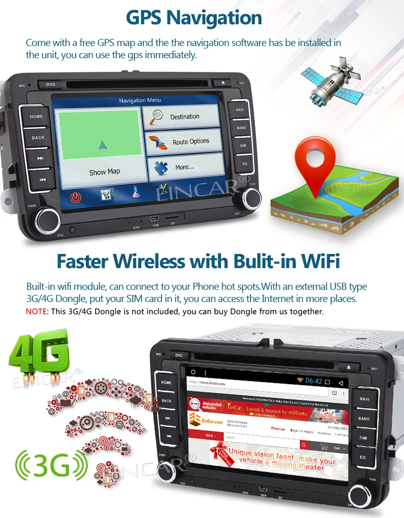 Clearance EinCar Android 7.1 2Din Car automotive Stereo Autoradio for VW Jetta Golf Navigation Car GPS DVD Video Player Bluetooth Headunit 3