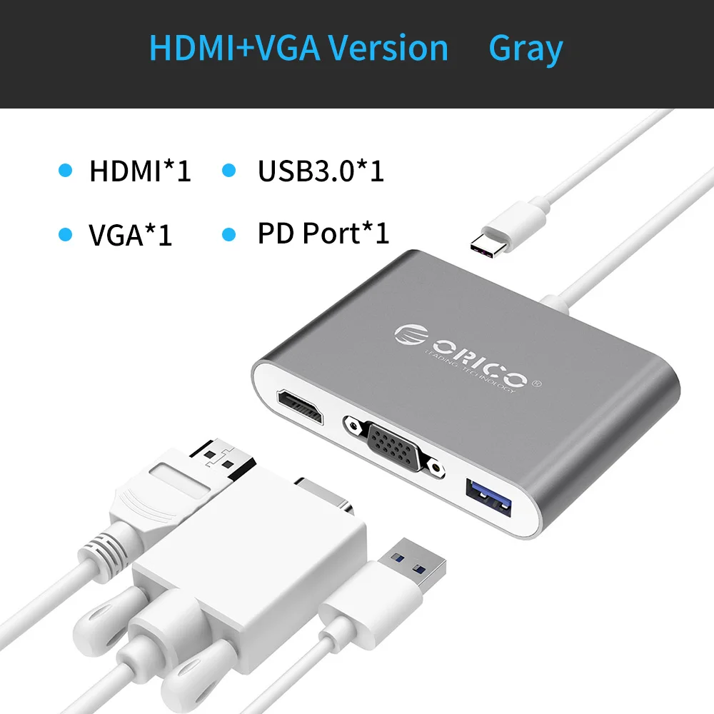 ORICO usb-хаб USB C к HDMI RJ45 VGA type-C PD адаптер для Mac/samsung Galaxy/huawei type C USB 3," концентратор - Цвет: RCHV-Gray