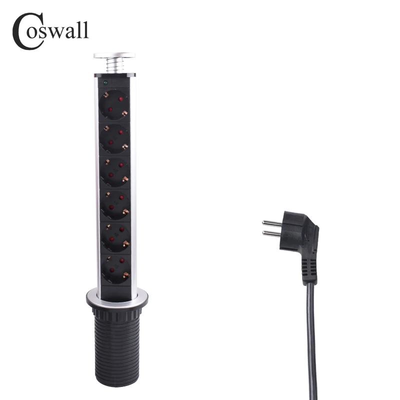 

COSWALL 16A PULL POP UP 6 Power Socket Kitchen Table Desktop Sockets Retractable Worktop EU Outlet With Child Protective Lock