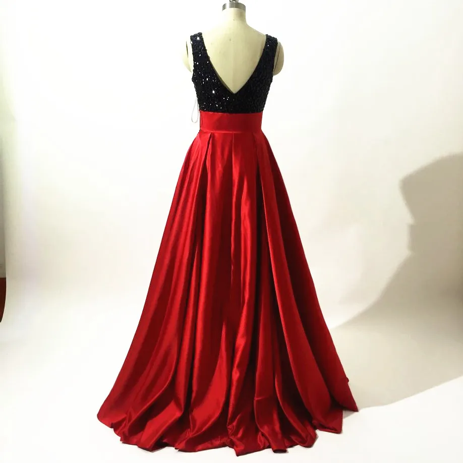 Sexy V Neck Long Satin Red Prom Dresses 2017 See Through Back O Neckline Embroidery Lace Appliques A-Line Evening Party Gown
