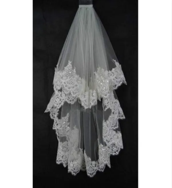 

New 2 layer elbow Lace edge veil Sequins White/ivory wedding Bride veil+comb