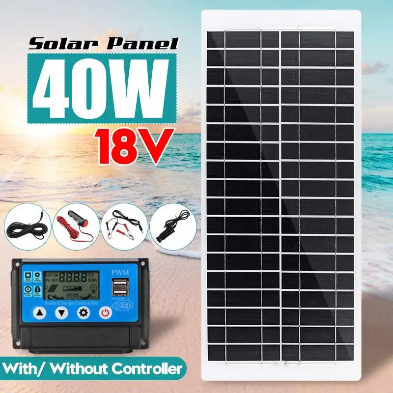 

40W 18V USB Solar Panel Waterproof Solar Cell with Car Charger + 10/20/30/40/50A Controller for Outdoor Camping Emergency Light