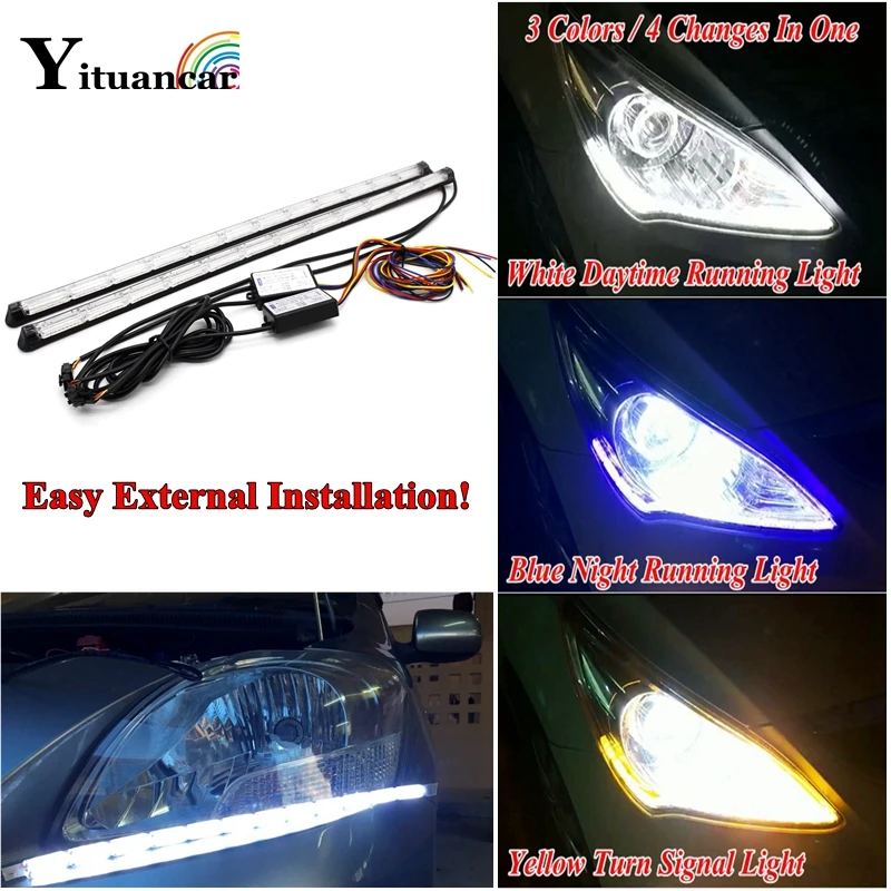 Yituancar 2X12 LEDs External Installation Flexible Night & Daytime Running Strip Light Flow Turn Signal DRL Car Day Lamp Styling
