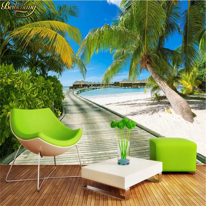 beibehang  Realistic coconut trees sea entrance mural wallpaper for Living room papel de parede infantil photo wall paper roll plastic palm trees 3 album design bath mat carpet anti slip bathroom kit house interior entrance mat