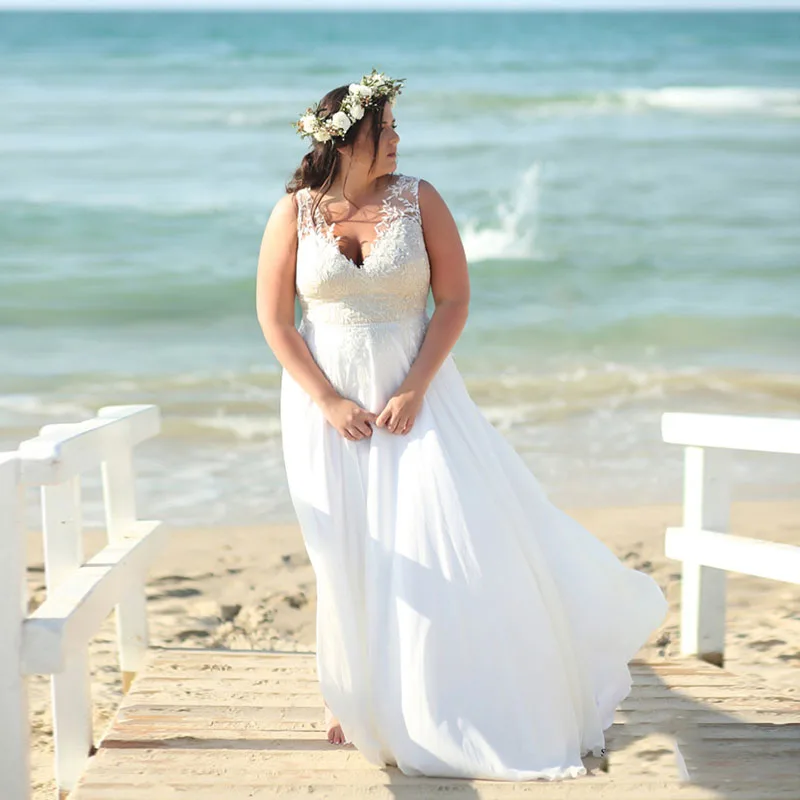 Eightale размера плюс свадебное платье-бохо V шеи аппликации кружева пляж невесты платье шифон Белый слоновой кости свадебное платье