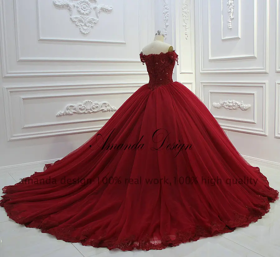 Аманда дизайн traje de novia с открытыми плечами короткий рукав кружева аппликация красное свадебное платье