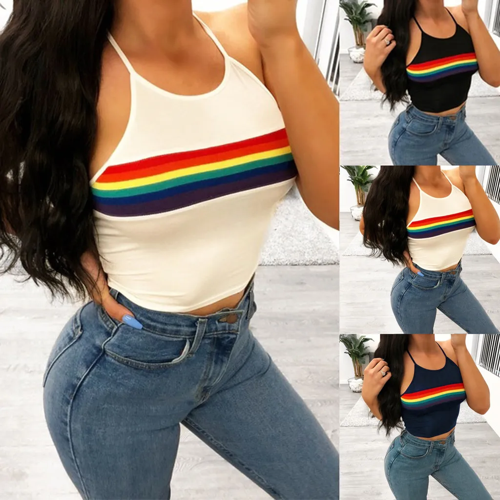 

Summer Fashion Women Lady Clubwear Off Shoulder Sleeveless Strap Rain Bow Printed Top for Casual Women Streetwear