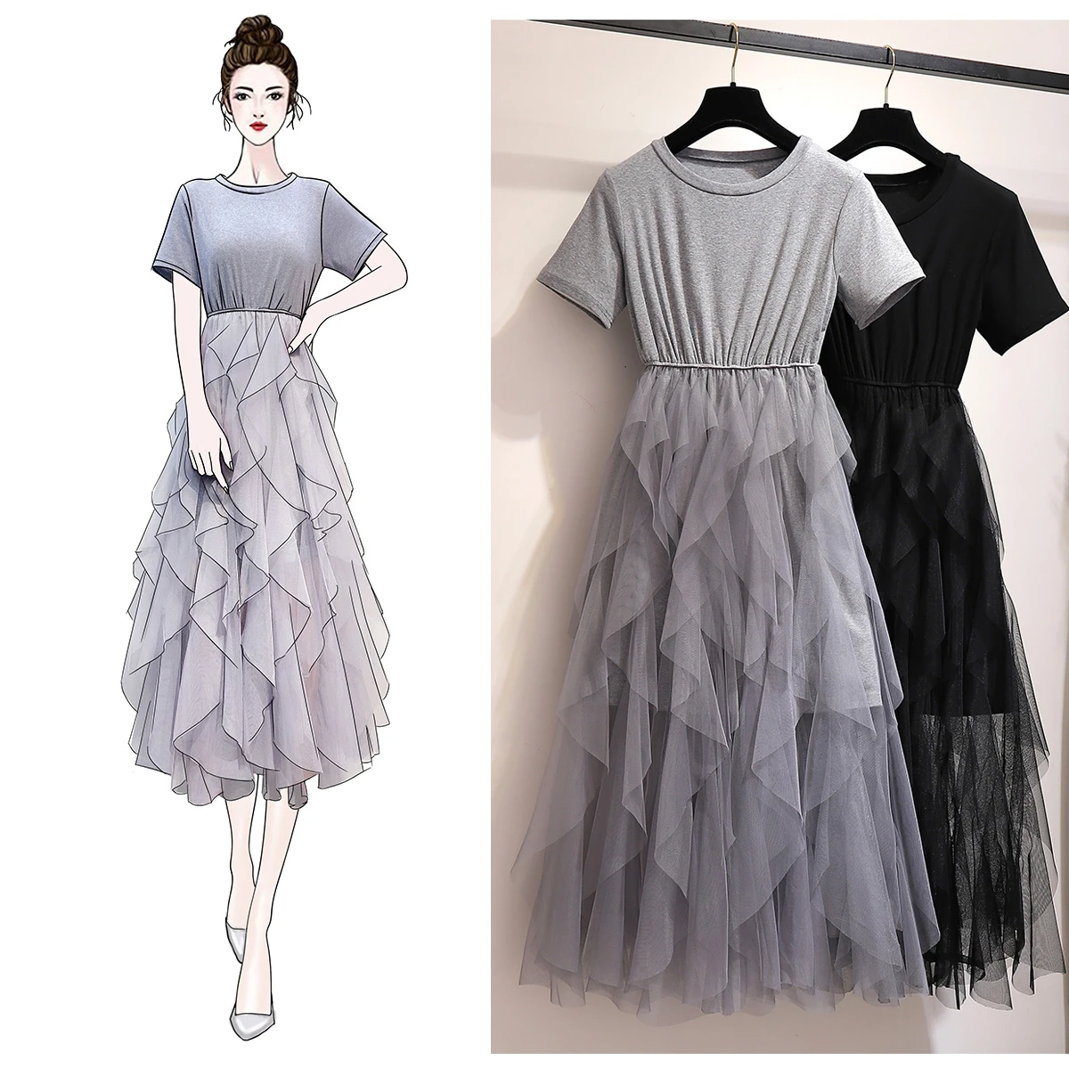 

2019 Summer Midi Dress Ruffles Women O-Neck Short Sleeve Mid-calf Vintage Mesh Cake Dress Office Lady Party Dress Female Vestido