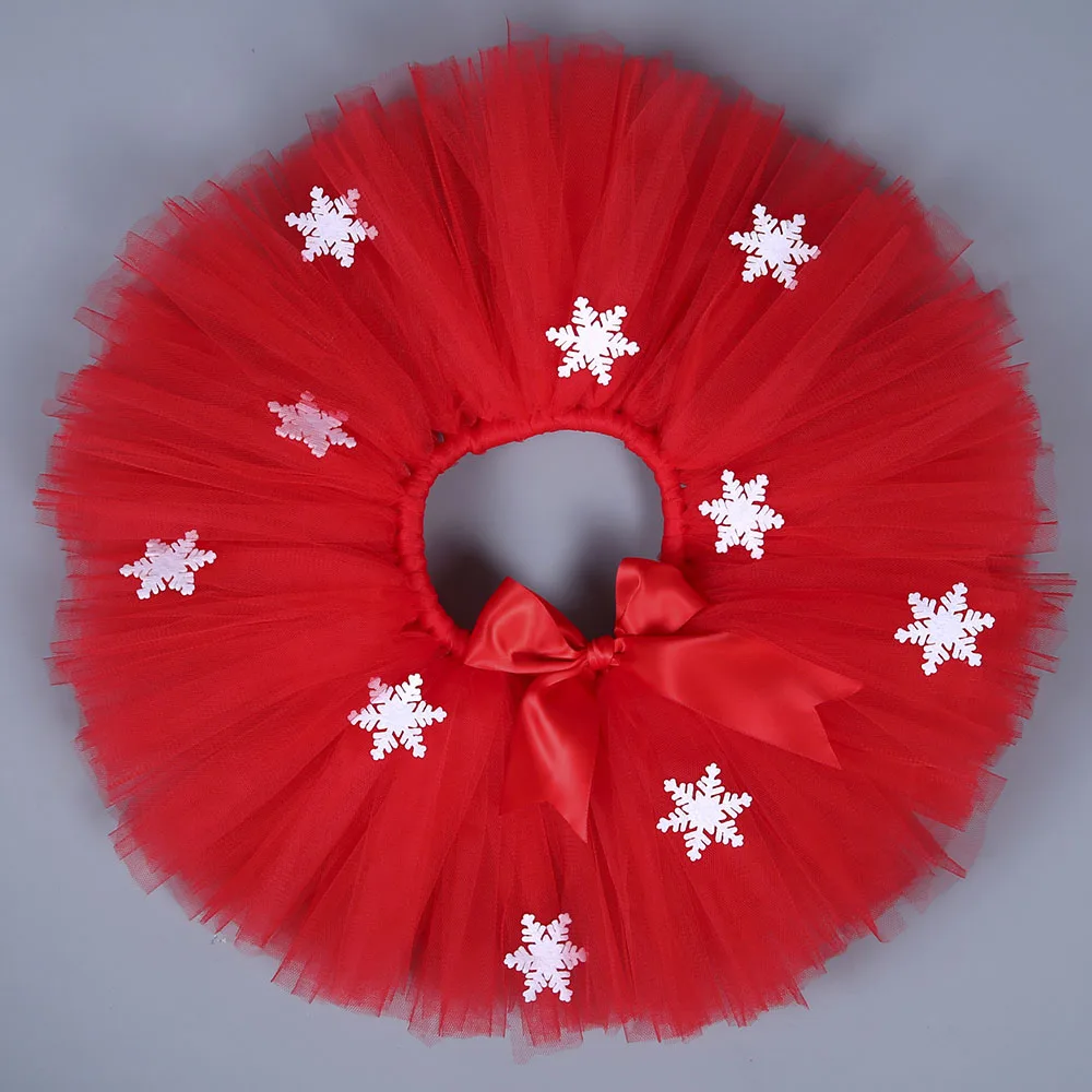 Christmas Red Color Snowflake Girl Tutu Skirt Puffy Cute Princess Girls New Year Ribbons Tulle Skirts Holidays Festival Costume