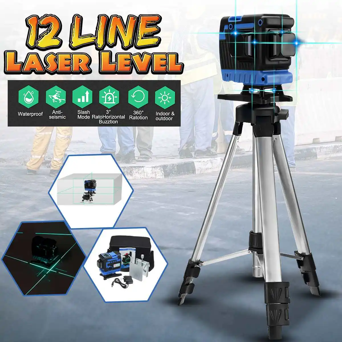 

12 Lines Laser-Level Green/Blue Self-Leveling 3D 360 Degree Floor Tile Measure Tools Waterproof Shockproof Flexibility Stability