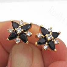 Новые серьги-гвоздики клевера для женщин золотистые Роскошные серьги в виде цветка с черным Цирконом Модные ювелирные изделия Свадебные аксессуары