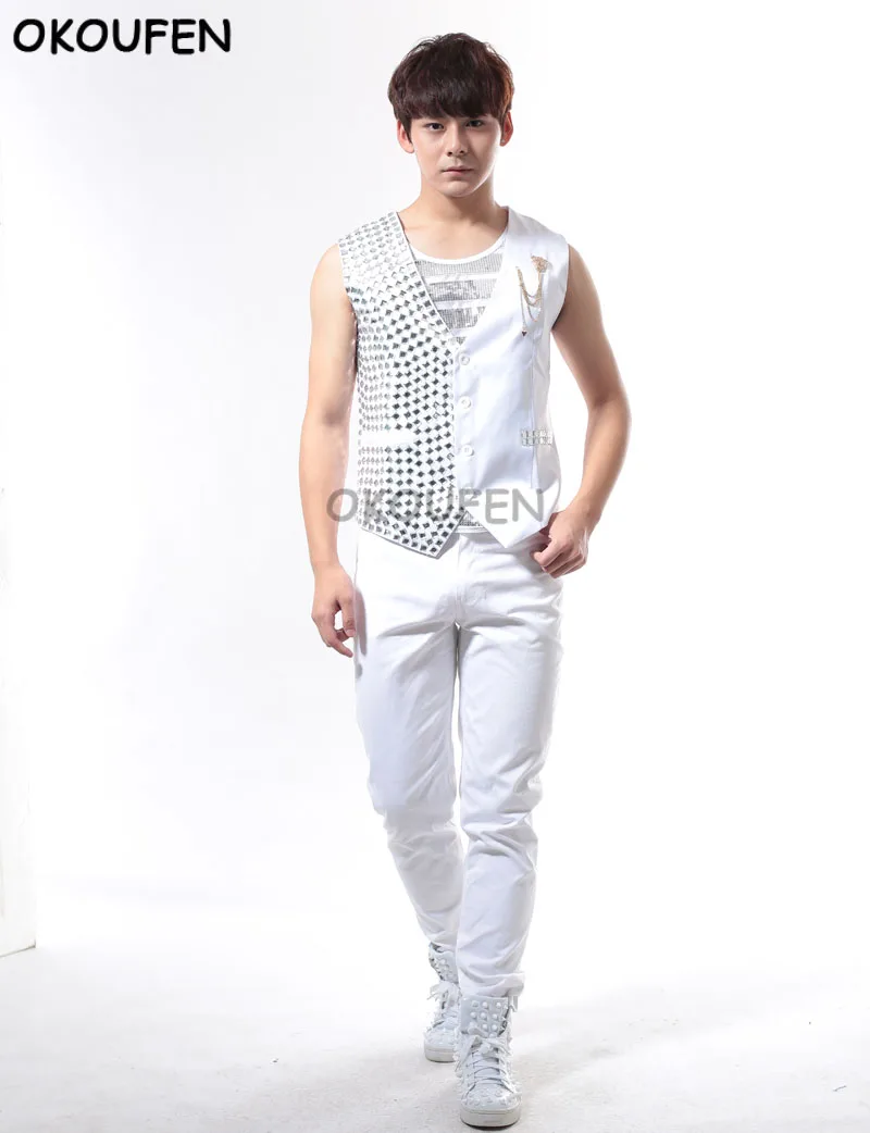 

Personality White Mirror Slim Sequin Vest Nightclub Bar Male Singers ds Costumes Stage dance equipments