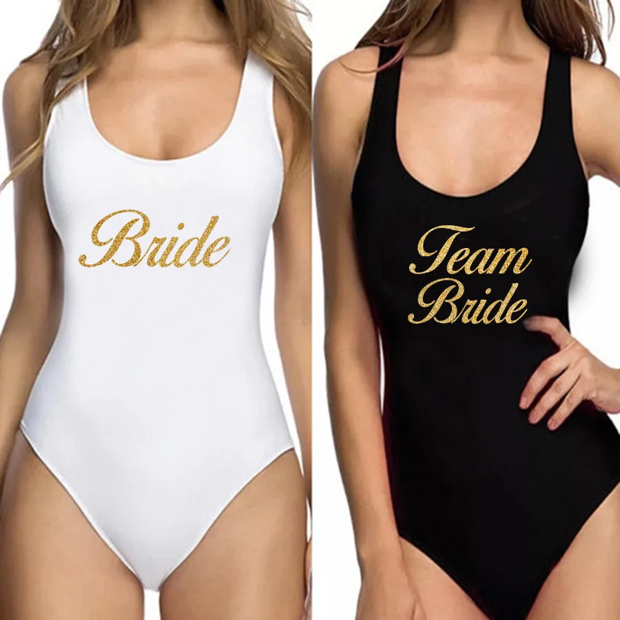 New Swimwear Women One Piece Swimsuit Team Bride Glitter Gold Print Bathing Suit Monokini Bodysuit Bachelor Party