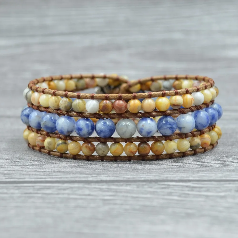 

Unique Handmade Three layer Bracelet Bohemian Natural Stones Leather Wrap Bracelets Natural Stone Cuff Bracelet For Girls