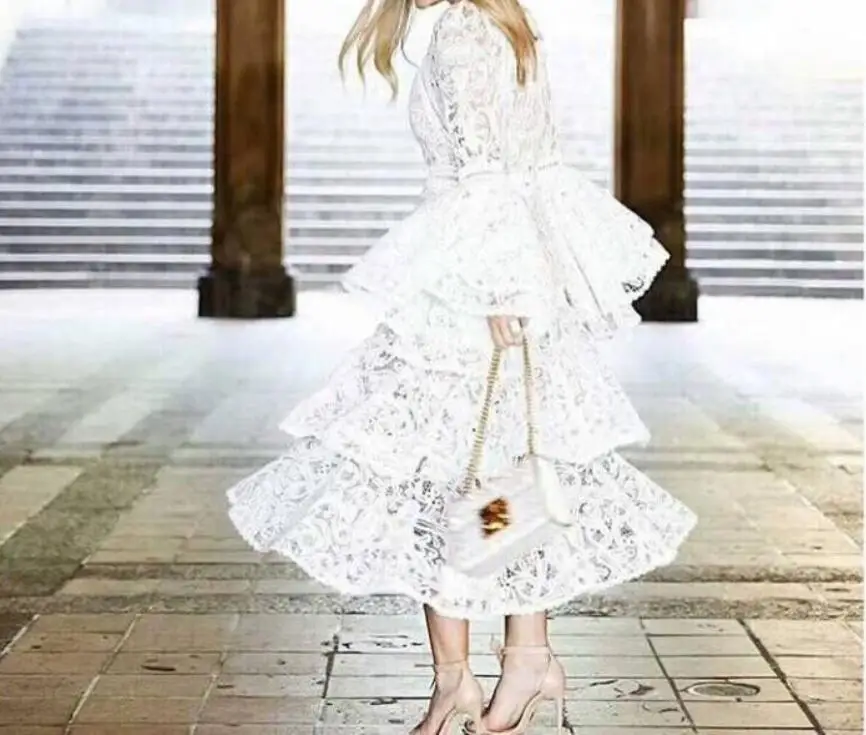 

White Lace Flare Sleeve Dress Top Quality Sexy Women Ngiht CLub Vintage Elegnat Dresses Evening Party Dress