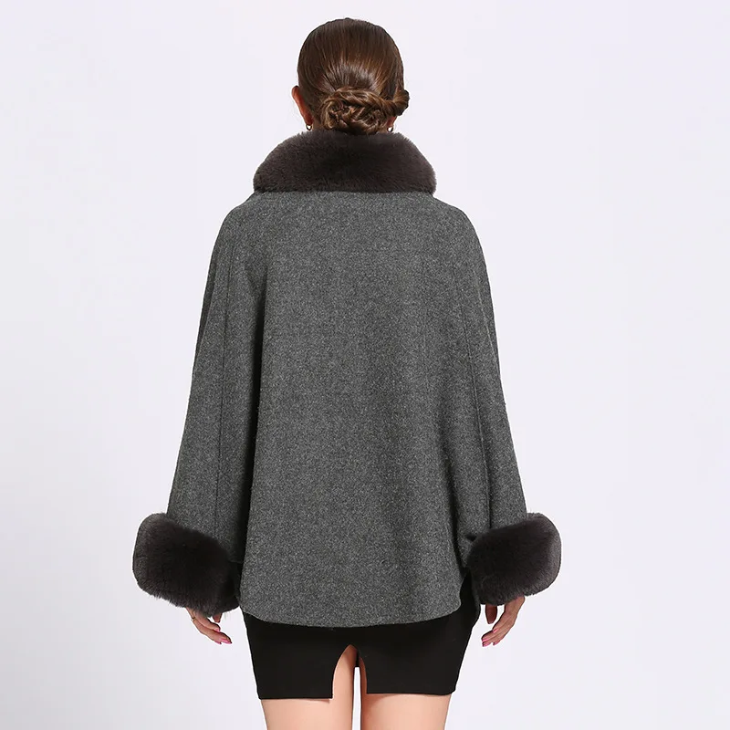 2018 Solid Women Faux Rabbit Fur Collar Cardigan Winter Warm Thick Long Batwing Sleeves Poncho Plus Size Ladies Hairy Coat